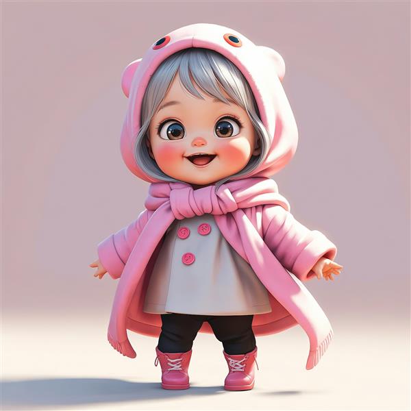 عکس استوک سه‌بعدی کودک با موی بلوند در پالتوی صورتی و کلاه خرسی