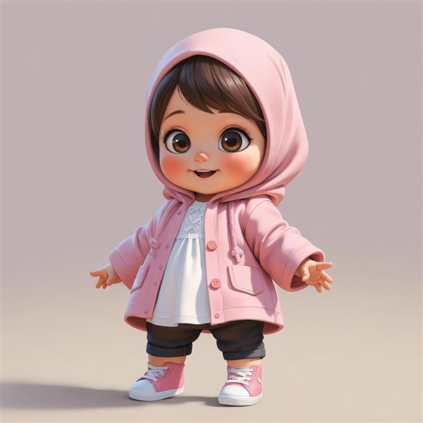 تصویر سه بعدی عروسک دخترانه کیوت در کاپشن صورتی با کلاه هودی