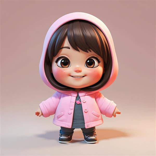 وکتور سه‌بعدی دختر بچه با پالتوی صورتی و هودی ساده و شلوار جین