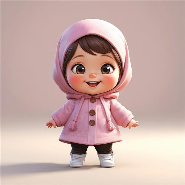 تصویر کارتونی کودک با کلاه و پالتوی صورتی دکمه‌دار و شلوار تیره