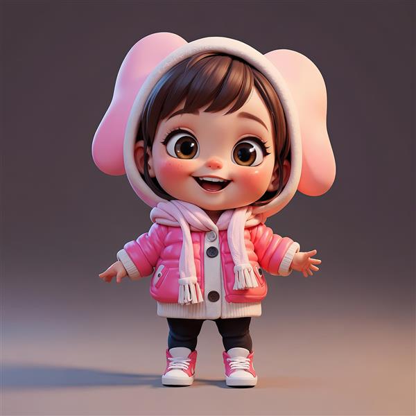 وکتور سه‌بعدی دختر با کلاه گوش بلند خرگوشی و کاپشن صورتی پفی زمستانی