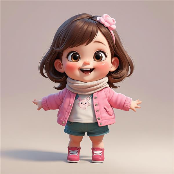 تصویر سه‌بعدی کودک خندان با هدبند پاپیونی، ژاکت صورتی و شلوارک