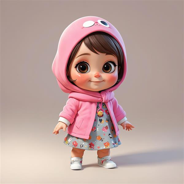 وکتور کارتونی دختر با هودی، کاپشن صورتی و پیراهن طرح‌دار فانتزی