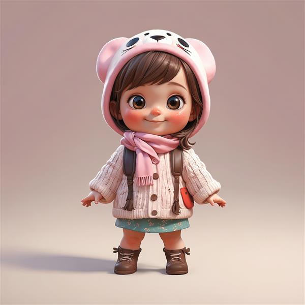 تصویر سه‌بعدی دختر بچه با کلاه خرسی پاندا، ژاکت بافتنی، شال و کوله پشتی