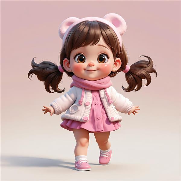وکتور سه‌بعدی دختر با مدل موی دم اسبی، کلاه خرسی و لباس مینی‌اسکرت صورتی