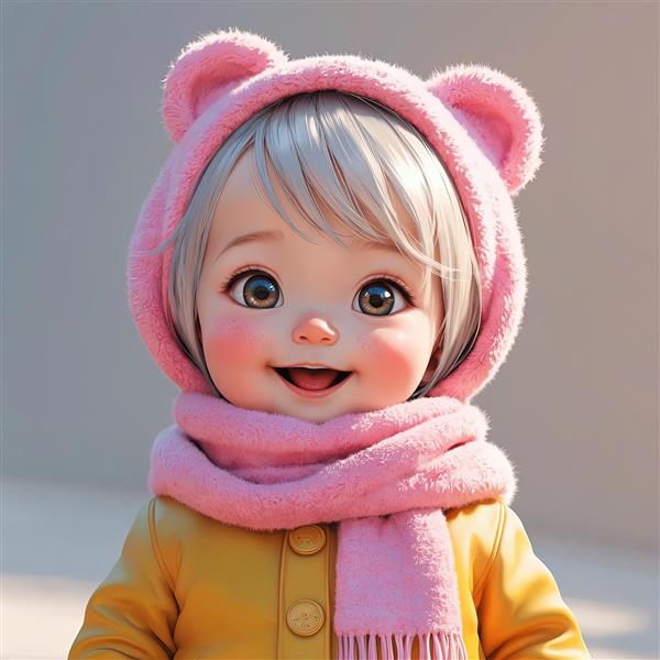 تصویر کارتونی کلوزآپ دختر بچه با موی بلوند، کلاه پشمی خرسی و پالتوی زرد