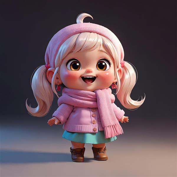تصویر سه‌بعدی کودک خندان با موی بلوند، کلاه و شال صورتی و بافتنی