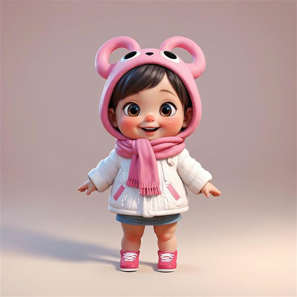 وکتور دختر بچه با کلاه خرسی گوش‌گرد، ژاکت سفید و شال گردن صورتی ضخیم