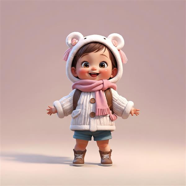 تصویر کارتونی دختر بچه با کلاه خرسی سفید، بافتنی سفید و کوله پشتی در استودیو