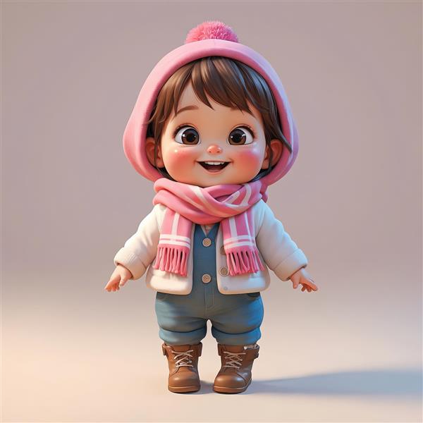 وکتور سه‌بعدی کودک با کلاه پوم پوم، بافت سفید و سارافون جین با شال راه راه