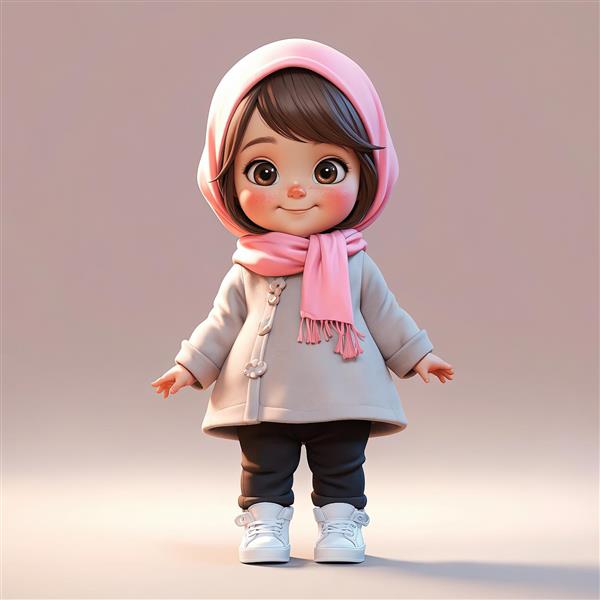 تصویر سه‌بعدی دختر با پالتوی طوسی روشن، شال صورتی و کفش ورزشی سفید