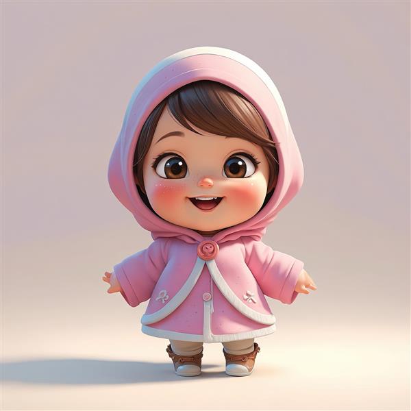 تصویر کارتونی دخترانه با شنل یا پالتوی صورتی و کلاه لچکی ساده در استودیو