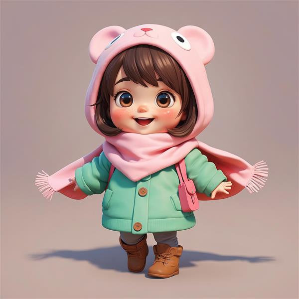 وکتور سه‌بعدی کودک با کاپشن سبز آبی کلاه خرسی صورتی و کیف کوچک