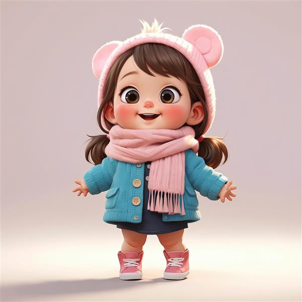 تصویر سه‌بعدی دختر با کلاه و شال گردن صورتی و پالتوی آبی نفتی