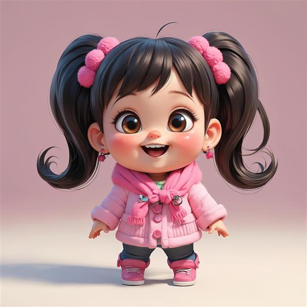 تصویر کارتونی دخترانه با مدل موی دم اسبی (پونی) و کت و کفش صورتی