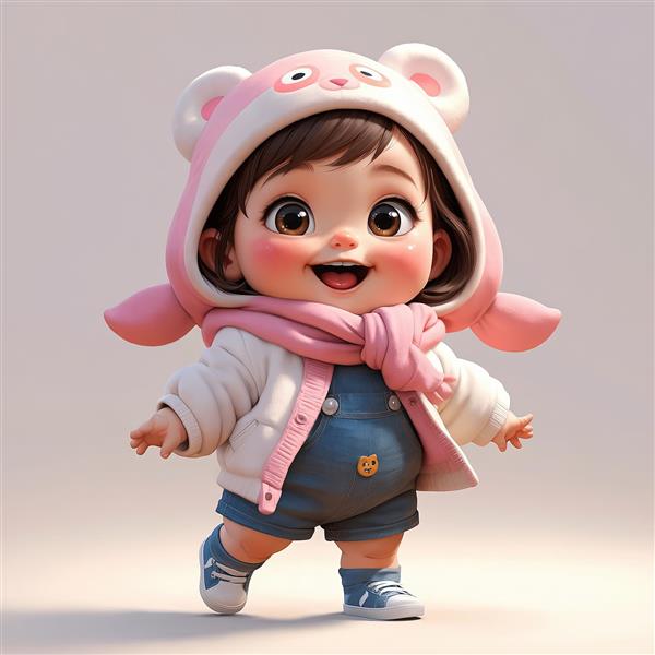 وکتور سه‌بعدی دختر بچه با کلاه کلاهدار خرسی و پیش‌بندی جین (سارافون)