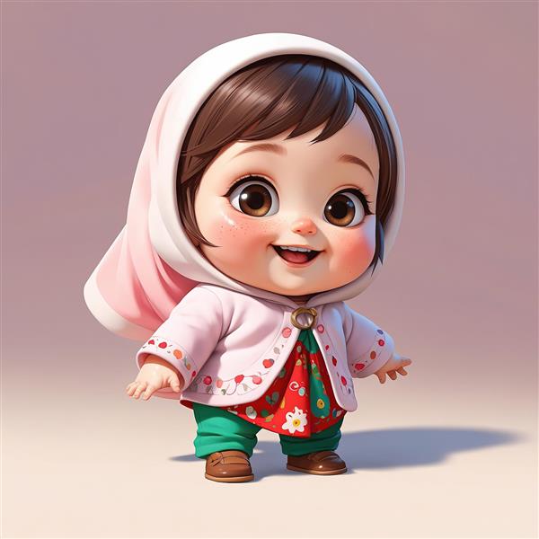تصویر سه‌بعدی کودک خندان با لباس گلدار، ژاکت صورتی و کلاه لچکی سنتی