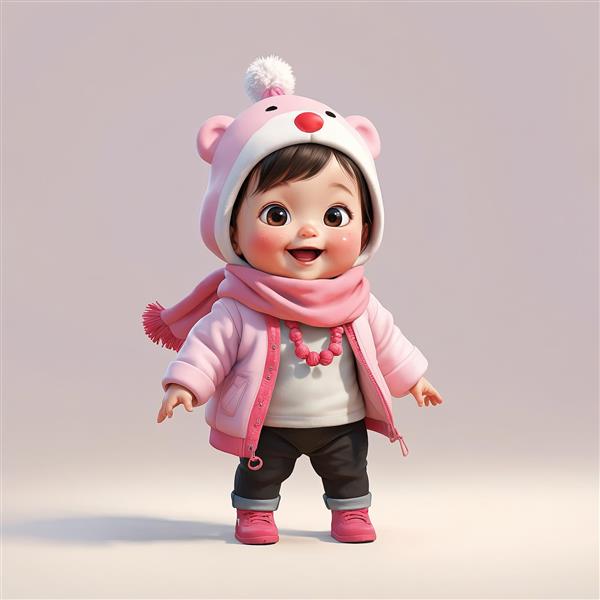 وکتور دختر بچه با کلاه خرسی پوم پوم و کاپشن و شال گردن صورتی در فضای استودیو
