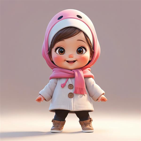 وکتور دختر بچه با پالتوی سفید، شال و کلاه صورتی خرسی در فضای استودیویی