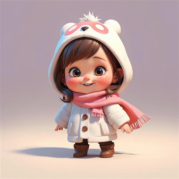 تصویر سه‌بعدی دختر بچه با کلاه خرس پاندا و شال صورتی و پالتوی سفید زمستانی