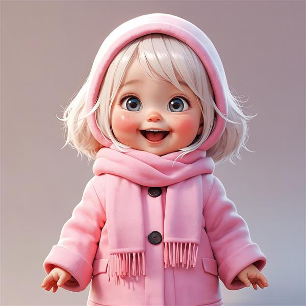 تصویر کارتونی نزدیک از چهره دختر بچه با پالتوی صورتی و شال گردن در تم زمستانه