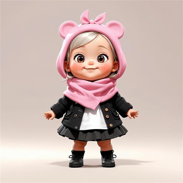 تصویر سه‌بعدی دختر بچه شیک با پالتوی مشکی و کلاه صورتی خرسی و شال گردن