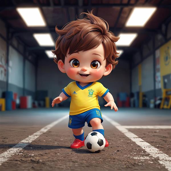 وکتور سه‌بعدی کودک فوتبالیست با لباس برزیل در حال تمرین در فضای سرپوشیده