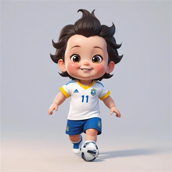 تصویر سه‌بعدی کودک فوتبالیست با پیراهن سفید و شماره ۱۱ در حال کنترل توپ