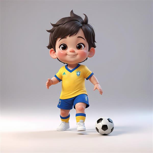 تصویر کارتونی کودک با لباس ورزشی تیم ملی برزیل (زرد و آبی) و توپ فوتبال