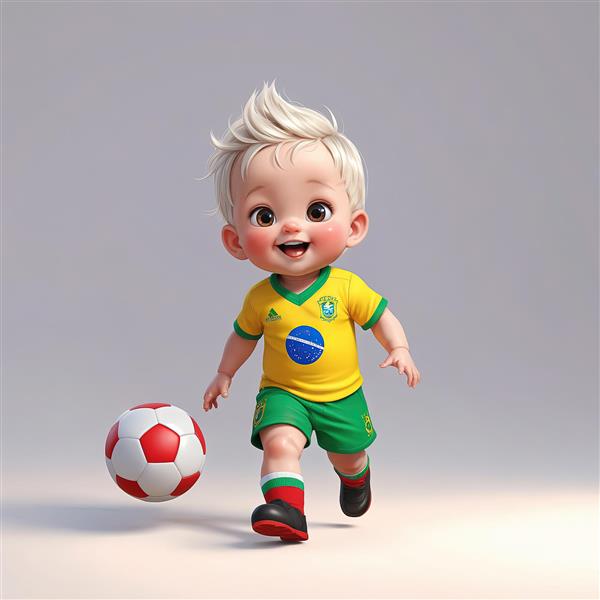وکتور پسر بچه خندان با موهای بلوند و لباس برزیل در حال دریبل زدن توپ