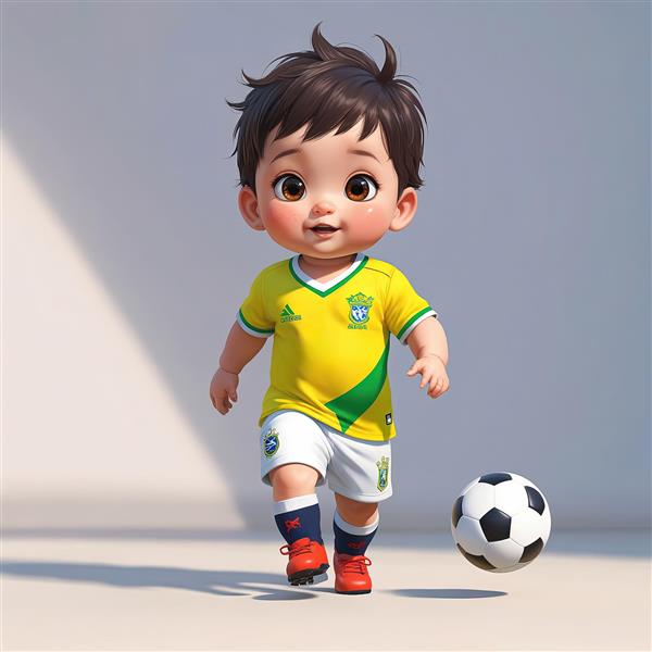 تصویر سه‌بعدی کودک با پیراهن تیم برزیل در حال بازی فوتبال با پس زمینه روشن