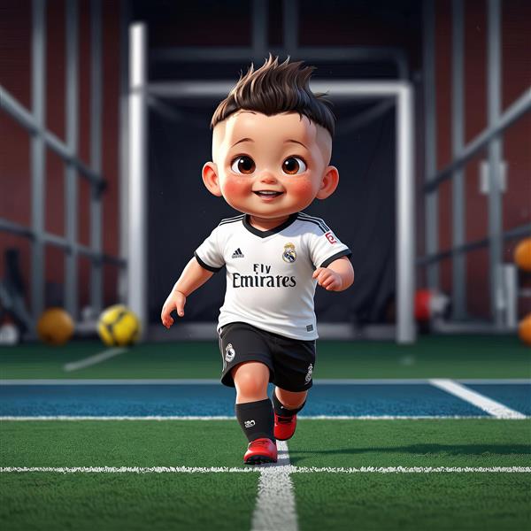 وکتور پسر بچه فوتبالیست با مدل موی فشن و لباس رئال مادرید در حال دویدن