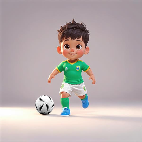 تصویر وکتور کودک با لباس سبز و سفید در حال بازی و شوت زدن توپ فوتبال