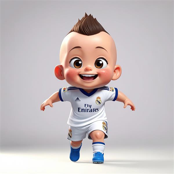 تصویر سه‌بعدی پسر بچه خندان با موهای مدل دار و لباس رئال مادرید در حال دویدن