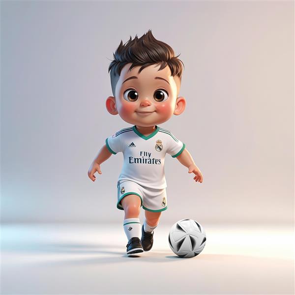 وکتور کارتونی پسر با پیراهن رئال مادرید (سفید) در حال دویدن کنار توپ