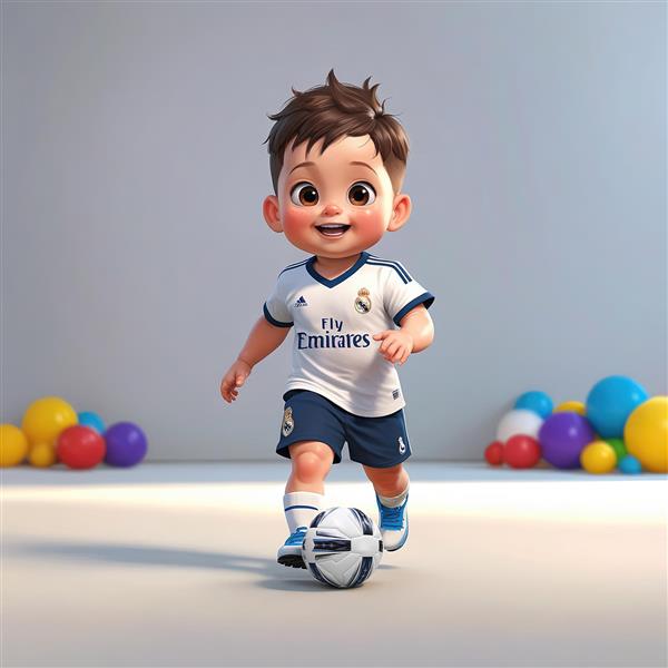 تصویر سه‌بعدی کودک با لباس رئال مادرید در حال دریبل زدن توپ با پس زمینه روشن