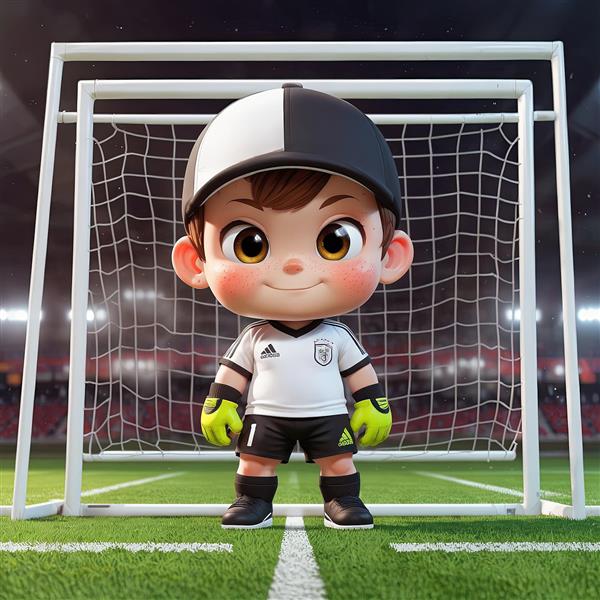 وکتور پسر بچه دروازه‌بان با کلاه و لباس سفید مقابل دروازه فوتبال