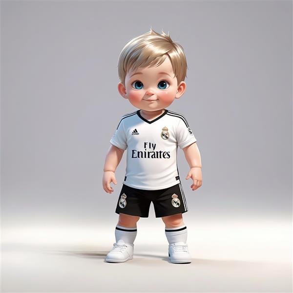 تصویر سه‌بعدی پسر کوچک با لباس ورزشی رئال مادرید (سفید) با زمینه روشن