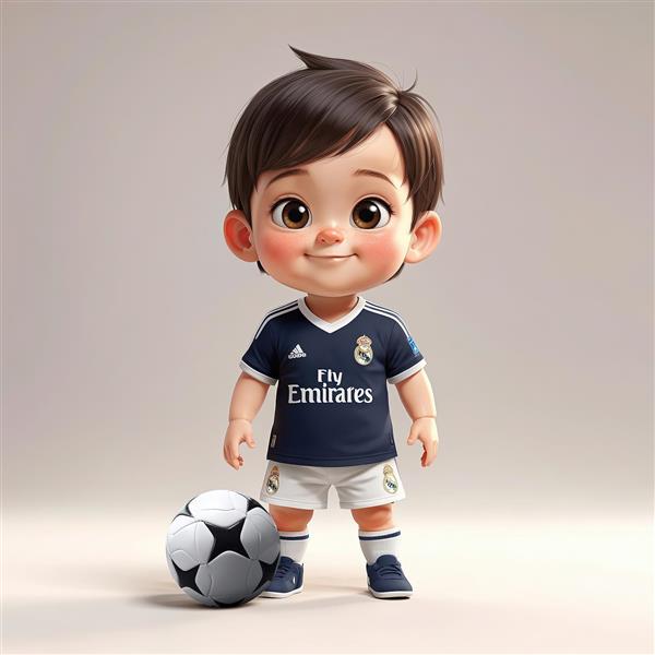 تصویر کارتونی کودک فوتبالیست با لباس رئال مادرید (سرمه‌ای) و توپ