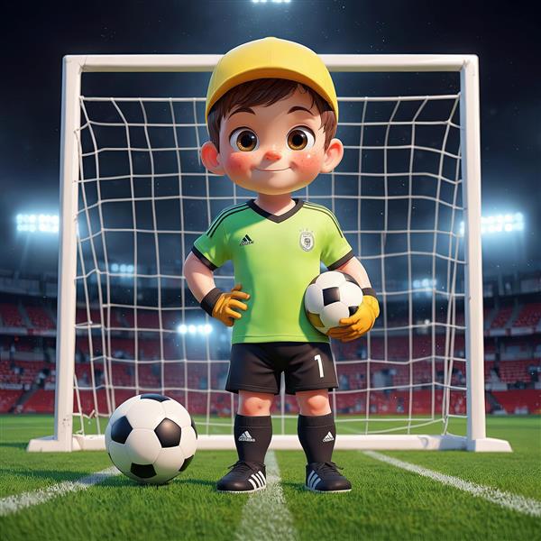 تصویر سه‌بعدی پسر بچه دروازه‌بان با دستکش در زمین فوتبال استادیوم شب
