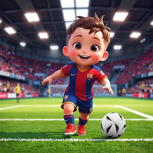 تصویر سه‌بعدی کودک فوتبالیست با لباس بارسلونا در حال شوت زدن در استادیوم