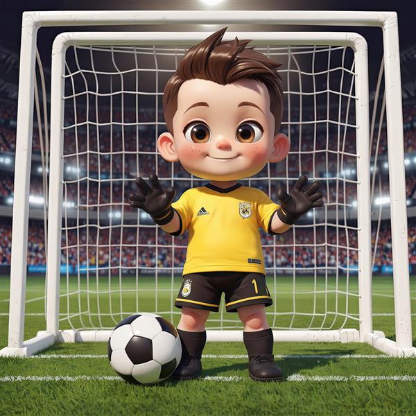تصویر کودک دروازه‌بان با لباس زرد و توپ در دست، ایستاده در برابر دروازه فوتبال