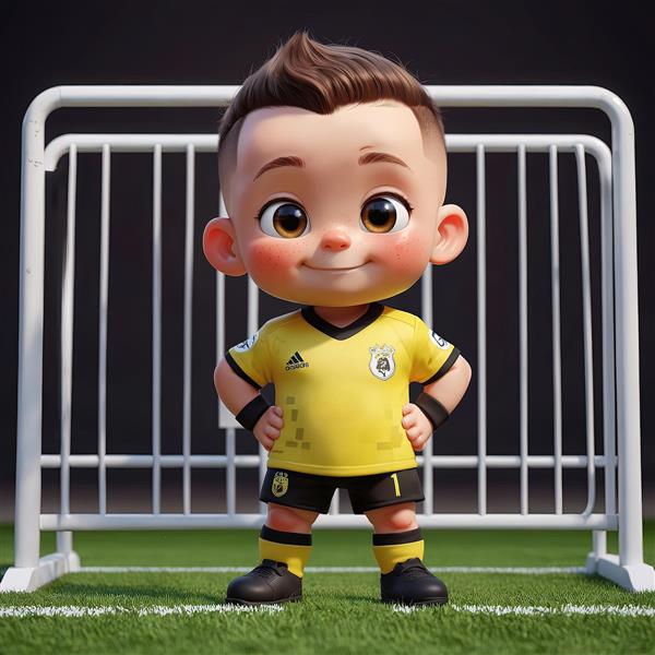 تصویر کودک دروازه‌بان با لباس زرد و دستکش مشکی، ایستاده جلوی تور دروازه فوتبال