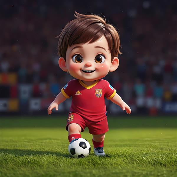 تصویر کودک فوتبالیست بارسلونا با لباس قرمز، در حال دریبل در زمین چمن استادیوم