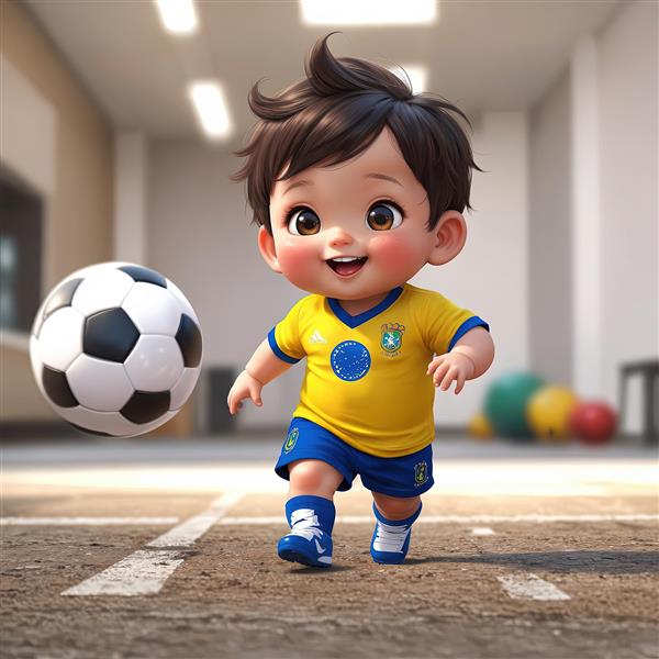 تصویر کودک فوتبالیست برزیلی در حال دویدن با توپ در فضای داخلی، طرح سه‌بعدی