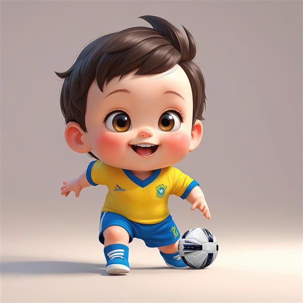تصویر کودک فوتبالیست برزیلی در حال کنترل توپ، کیت زرد، مناسب چاپ پوستر