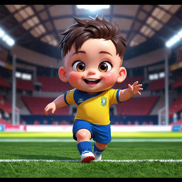 تصویر کودک کارتونی برزیلی در حال دویدن در استادیوم فوتبال با لبخند شاد