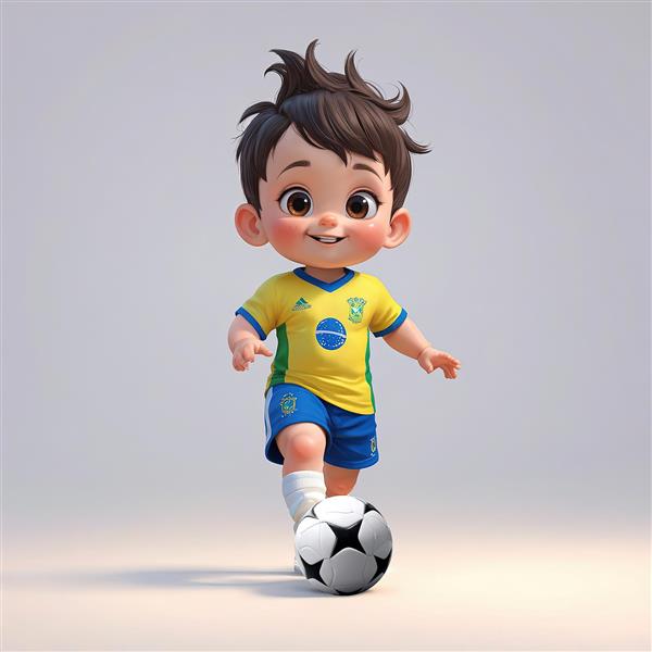 تصویر کودک فوتبالیست برزیلی با لباس زرد و آبی، در حال دریبل جذاب توپ