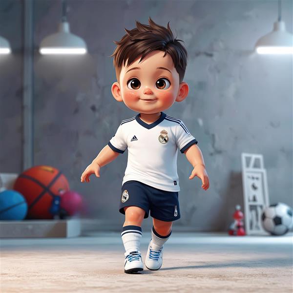 تصویر کودک فوتبالیست رئال مادرید، در حال حرکت در سالن ورزشی با توپ‌ها