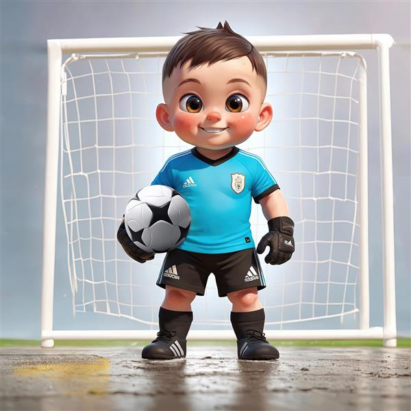 تصویر کودک دروازه‌بان با لباس آبی روشن و دستکش، ایستاده جلوی دروازه فوتبال